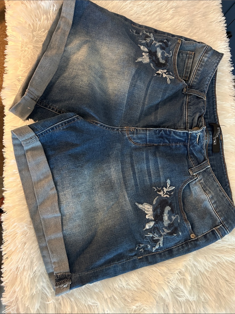Embroidered Denim Shorts - Blue Floral Accent